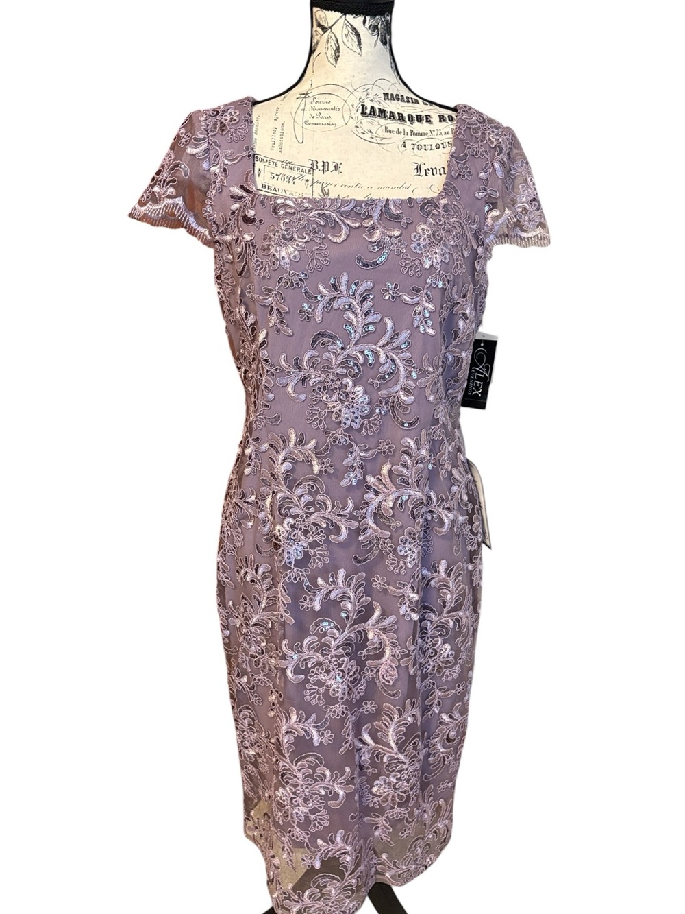 Alex Evenings Lace Cocktail Dress Sequin Floral Wisteria Size 10 New
